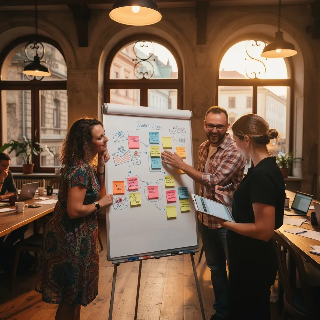 Ilustrace týmu pracujícího na návrhu a rozesílání newsletterů.